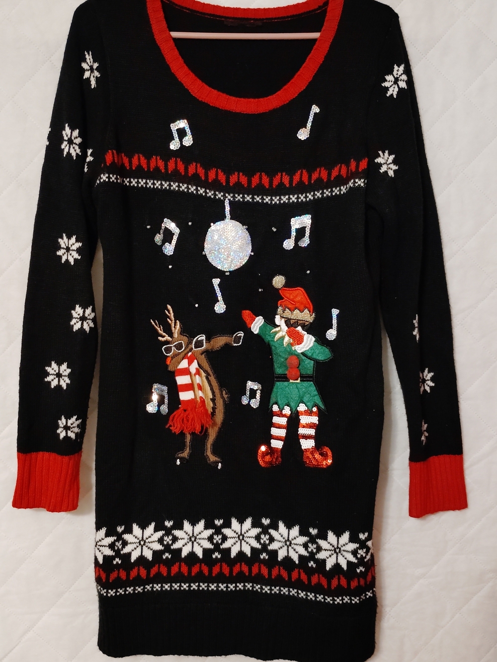 Women's Black & Red Holiday Sweater Dress with Festive Reindeer and Elf